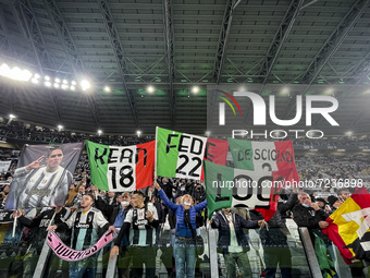 Juventus supporters fans cheer during the Serie A football match n.8 JUVENTUS - ROMA on October 17, 2021 at the Allianz Stadium in Turin, Pi...