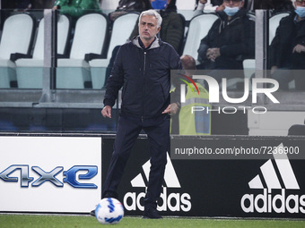 Roma coach Jose Mourinho looks on during the Serie A football match n.8 JUVENTUS - ROMA on October 17, 2021 at the Allianz Stadium in Turin,...