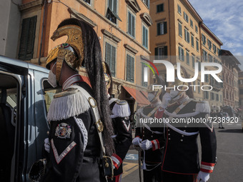 The Cuirassiers Regiment honour guard of the president of the republic in Pisa, Italy, on October 18, 2021. President Sergio Mattarella visi...