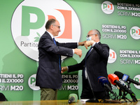 Roberto Gualtieri and Enrico Letta hug during the News Roberto Gualtieri is the new mayor of the Capital on ottobre 18, 2021 at the Roma in...