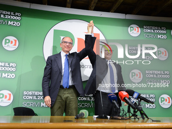 Roberto Gualtieri and Enrico Letta during the News Roberto Gualtieri is the new mayor of the Capital on ottobre 18, 2021 at the Roma in Roma...