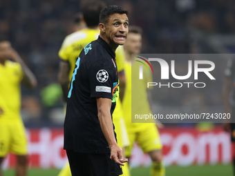 Alexis Sanchez of FC Internazionale reacts during the UEFA Champions League 2021/22 Group Stage - Group D football match between FC Internaz...