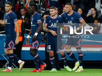 Kylian Mbappe of Paris Saint Germain celebrates his goal with Marco Verratti during the UEFA Champions League, Group A football match betwee...