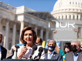 Speaker of the House Nancy Pelosi delivers remarks during a press conference with leaders of many faiths and other Democratic Representative...