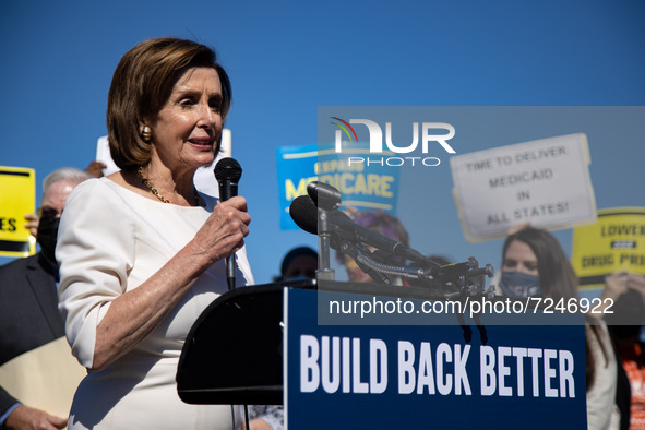 Speaker of the House Nancy Pelosi speaks at a press conference about healthcare and President Biden's Build Back Better plan at the U.S. Cap...