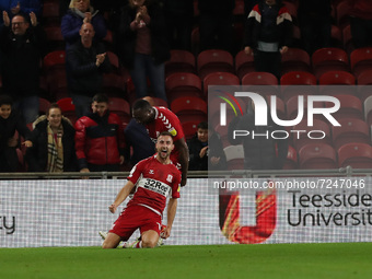  Middlesbrough's Andraz  Sporar celebrates after scoring their first goal during the Sky Bet Championship match between Middlesbrough and Ba...