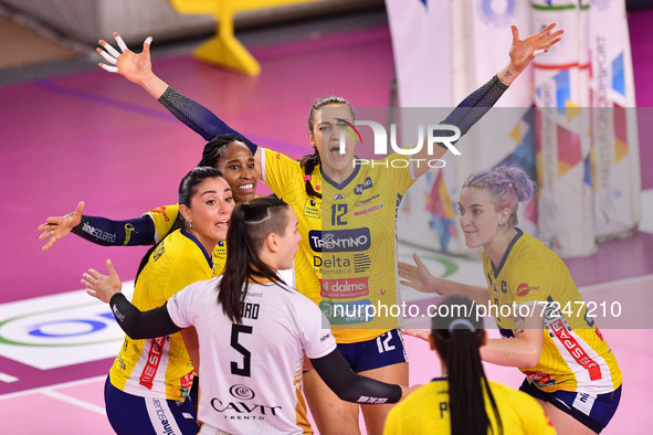 Happiness of Delta Despar Trentino players during the Volleyball Italian Serie A1 Women match Il Bisonte Firenze vs Delta Despar Trentino on...
