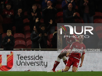  Middlesbrough's Andraz  Sporar celebrates after scoring with Souleymane Bamba during the Sky Bet Championship match between Middlesbrough a...