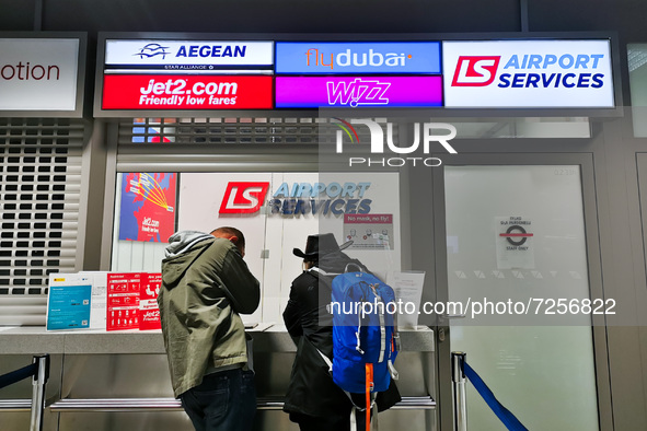Flights service point is seen at Balice Airport in Krakow, Poland on October 5, 2021.  