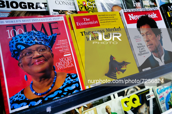 International magazines are seen at newsagent's store at Balice Airport in Krakow, Poland on October 5, 2021. 