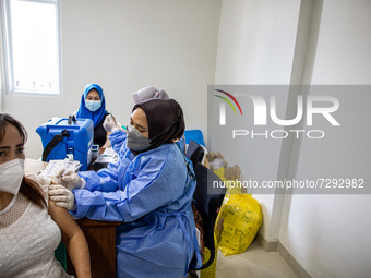 Coronavirus vaccination at Ciater Permai Health Center, South Tangerang, Banten, Indonesia, on October 28, 2021. Indonesia aims to vaccinate...