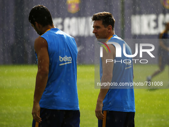 BARCELONA -august 13- SPAIN: Luis Suarez and Leo Messi in the training of FC Barcelona, held on the Ciutat Esportiva Joan Gamper, august 13,...