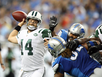 New York Jets quarterback Ryan Fitzpatrick throws a first half pass during the 2015 NFL preseason football game against the Detroit Lions in...