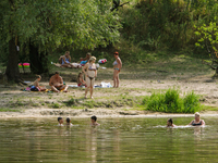 People swim and sunbathe on the shore  of Verbne lake in Kiev where several people were deadly infected with leptospirosis. Several people w...