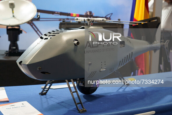 A drone is shown at the FEINDEF International Defense and Security Fair, at IFEMA, on November 4, 2021, in Madrid, Spain. The second edition...