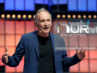 The inventor of the Word wide Web, Tim Berneres-Lee speaks during the last day of the 2021 Web Summit in Lisbon, Portugal on November 4, 202...