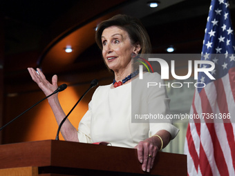 House Speaker Nancy Pelosi(D-CA) speaks during her weekly press conference today on November 04, 2021 at HVC/Capitol Hill in Washington DC,...