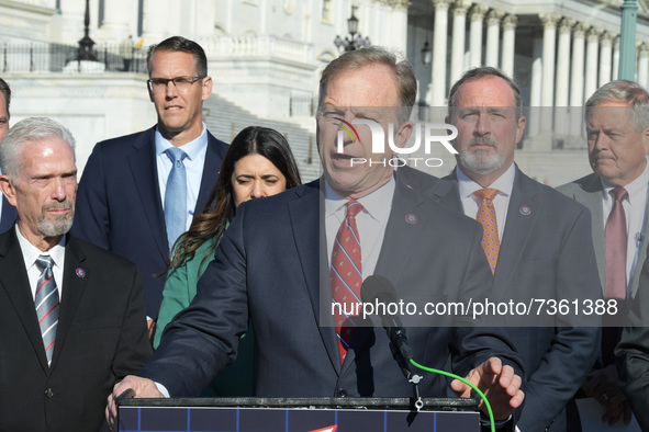 Representative Kevin Hern(R-OK) alongside House Republican members speaks during a press conference in response to OSHAs release of Bidens v...