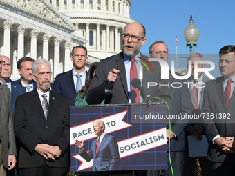 Former OMB Director Russ Vought alongside House Republican members speaks during a press conference in response to OSHAs release of Bidens v...