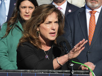 Representative Lisa McClain(R-MI) alongside House Republican members speaks during a press conference in response to OSHAs release of Bidens...