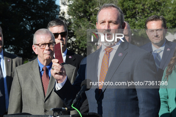 Representative Jeff Duncan(R-SC) alongside House Republican members speaks during a press conference in response to OSHAs release of Bidens...