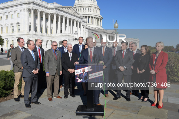 Representative Kevin Hern(R-OK) alongside House Republican members hold a press conference in response to OSHAs release of Bidens vaccine ma...