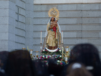 View of the Virgin of La Almudena during the procession after the mass for the feast of the Virgen de la Almudena, held on the esplanade bet...