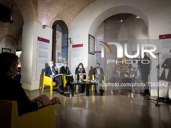 Riccardo Di Segni,Alessandra Di Castro,Ruth Dureghello,Francesco Leone during the presentation of the exhibition 