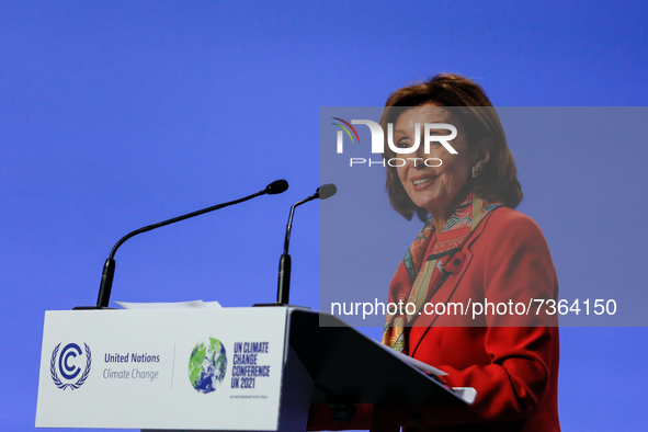 Nancy Pelosi, speaker of the United States House of Representatives speaks during a press conference during the tenth day of the COP26 UN Cl...