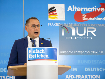 Co-leader of parliamentary group of Alternative for Germany (AfD) party Tino Chrupalla gives a statement to the media before a group meeting...