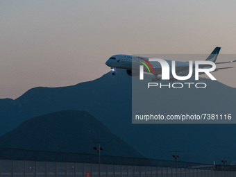 An Airbus A350-941 of Cathay Pacific lands at Hong Kong International Airport. (