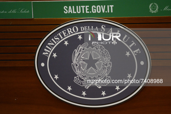 Ministero della Salute, logo during the News Update press conference on COVID 19 on November 19, 2021 at the Ministero della Salute in Rome,...