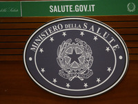 Ministero della Salute, logo during the News Update press conference on COVID 19 on November 19, 2021 at the Ministero della Salute in Rome,...