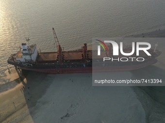 Aerial view of Crystal Gold ship stranded on a sea beach, in Chittagong, Bangladesh on November 20, 2021. On May 30, 2016, the Crystal Gold...