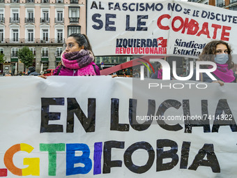 Banner of a demonstration of the LGTBI collective in Madrid against the rise of the fascism in the society and in support of the new transge...