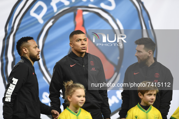 Neymar, Kylian Mbappe and Leo Messi of PSG  poses prior to the Ligue 1 Uber Eats match between Paris Saint Germain and FC Nantes at Parc des...