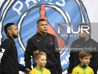 Neymar, Kylian Mbappe and Leo Messi of PSG  poses prior to the Ligue 1 Uber Eats match between Paris Saint Germain and FC Nantes at Parc des...
