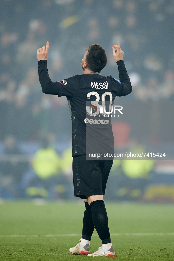 Leo Messi of PSG celebrates after scoring his sides first goal during the Ligue 1 Uber Eats match between Paris Saint Germain and FC Nantes...