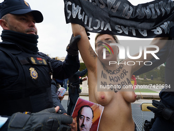 (EDITOR'S NOTE: Image contains nudity) Female activist of Femen protesting during the Francoist act in memory of the dictator Francisco Fran...