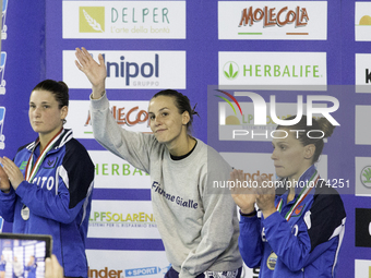 The podium of 3m springboard  with Tania Cagnotto, Elena Bertocchi and Francesca Dallapè, on April 4, 2014. (