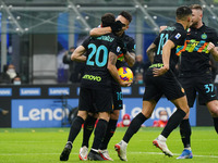 Lautaro Martinez (FC Inter) and Hakan Calhanoglu (FC Inter) celebrates his goal during the italian soccer Serie A match Inter - FC Internazi...