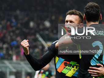 Hakan Calhanoglu (FC Inter) and Ivan Perisic (FC Inter) celebrates his goal during the italian soccer Serie A match Inter - FC Internazional...