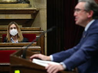 Jessica Albiach, from En Comu Podem, and Jaume Giro, Minister of Economy and Finance, during the debate to approve the Generalitat’s budgets...