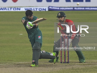 Pakistan's Mohammad Rizwan plays a shot during the second Twenty20 international cricket match between Bangladesh and Pakistan at the Sher-e...