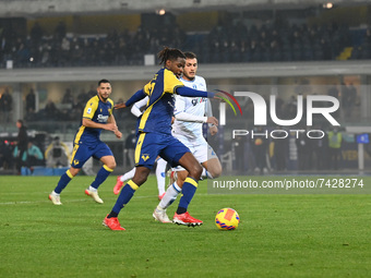 Adrien Tameze (Verona) scores the 2-1 during the italian soccer Serie A match Hellas Verona FC vs Empoli FC on November 22, 2021 at the Marc...