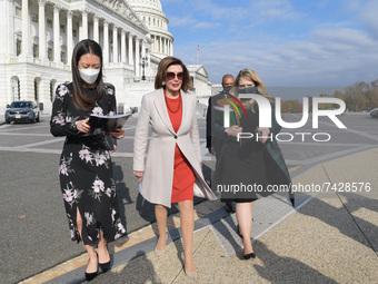 House Speaker Nancy Pelosi(D-CA) arrives to hold a press conference about Build Back Better Act and its $555 billion in Climate Investment,...