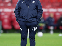 Preston manager Frankie McAvoy looks on during the warm up before Sky Bet Championship match between Middlesbrough and Preston North End at...