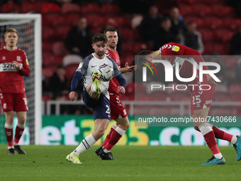  Preston's Sean Maguire in action with Middlesbrough's Matt Crooks  during the Sky Bet Championship match between Middlesbrough and Preston...