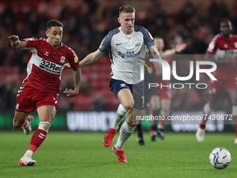 Middlesbrough's Marcus Tavernier battles with Preston's Emil Riis Jakobsen during the Sky Bet Championship match between Middlesbrough and P...
