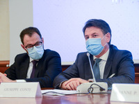 Stefano Patuanelli (L), Giuseppe Conte (R) during the News Press conference of the 5 Star Movement on shared renewable energy on November 23...